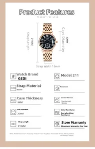 Detailed specifications of rose gold quartz watch with 30mm black sunray dial