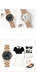 Detailed view of rose gold steel mesh watch with black dial and Roman numerals