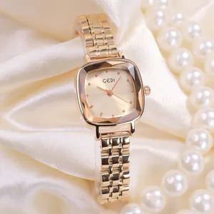 Elegant champagne gold square quartz watch with metal link bracelet for women by GEDI