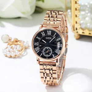 GEDI Luxury Women Rose Gold Stainless Steel Quartz Watch Calendar Small Second Dial Roman Numerals Business Fashion Wristwatch