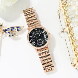 GEDI luxury women's rose gold steel watch with black Roman numeral dial and calendar