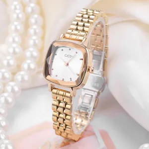 Elegant GEDI women's square quartz watch with a gold steel band and white dial