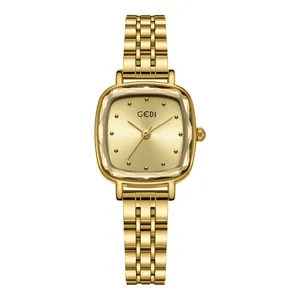 Elegant gold stainless steel square watch for women with faceted glass and metal strap
