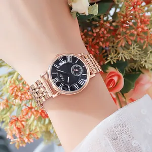 Women's rose gold stainless steel watch with black Roman numeral dial and date display