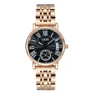 Elegant rose gold steel watch for women featuring a black dial and Roman numerals
