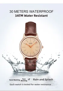 Detail of rose gold ladies watch with brown leather strap and splash water resistance