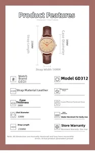 Detailed specs of GEDI quartz watch with rose gold case and brown leather strap