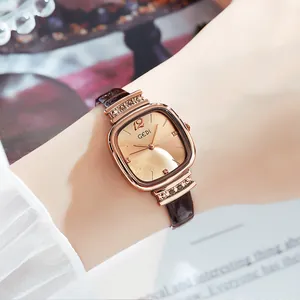 GEDI chic vintage square watch for women with rose gold case and brown leather strap