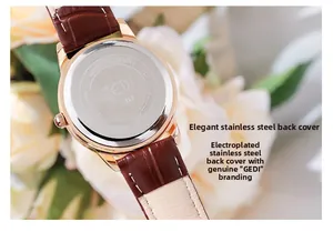 Detail view of GEDI watch silver stainless steel caseback and brown leather strap