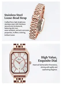 Details einer roségoldenen Quarzuhr mit Gliederarmband und kristallbesetztem Zifferblatt