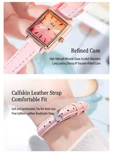 Detail des rechteckigen Roségold-Gehäuses mit rosa Zifferblatt und Lederarmband