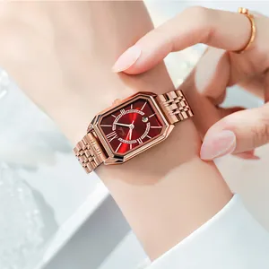 Gedi Damen Vintage Quarzuhr in Roségold mit rechteckigem rotem Zifferblatt und Metallband