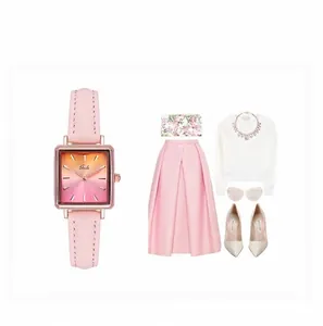 Detailansicht der Damenarmbanduhr mit rosafarbenem Lederband und roségoldenem Gehäuse