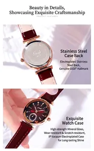 Details von Roségoldgehäuse mit Kristallmarkierungen und bordeauxrotem Lederarmband