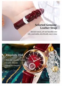 Nahaufnahme des eleganten roségoldenen Zifferblatts mit Strass und rotem Lederband