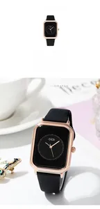 Detail showing square rose gold watch with black silicone strap and minimalist dial