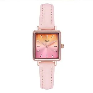 Gedi Roségold Quarz-Damenuhr mit rosa Zifferblatt und Lederarmband im Retro-Stil