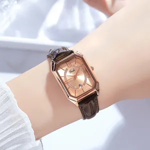 Damen Mode Quarzuhr Mit Kalender Roségold Edelstahlgehäuse Oberste Schicht Rindsleder Armband Strass Uhr