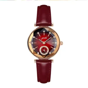 Elegante Damenquarzuhr mit rotem Lederarmband und diamantbesetztem Farbverlaufs-Zifferblatt