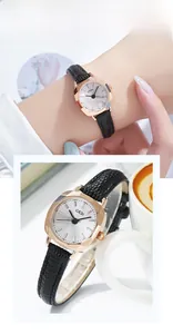 Détail de la montre carrée GEDI avec boîtier en or rose et bracelet en cuir noir