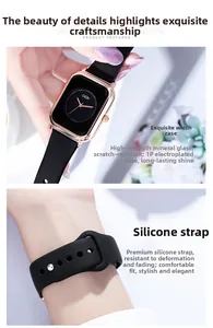 Detailed close-up of a square rose gold watch with black silicone strap and mineral glass