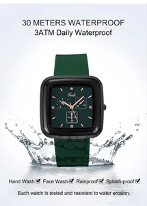 Minimalistische quadratische Quarzuhr mit grünem Silikonarmband und 3ATM Wasserdichtigkeit