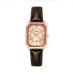 Elegante roségoldene achteckige Quarzuhr mit champagnerfarbenem Zifferblatt und Lederarmband
