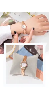 Detailed view of rose gold quartz watch with a small dial and elegant metal chain strap