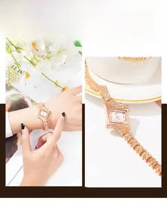Detailed close-up of a luxury rose gold quartz watch with diamond-studded rhombus dial