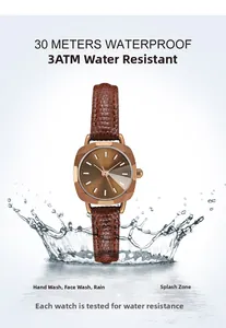 Détail de montre GEDI carrée étanche 3ATM avec bracelet en cuir marron et boîtier doré
