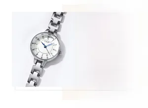 Detail of GEDI small silver dial watch with blue hands and polished steel mesh strap