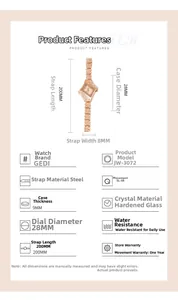 Detailed luxury diamond-set watch specs with rose gold alloy band and dimensions
