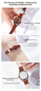 Détails d'une montre carrée en or rose avec bracelet en cuir brun et dos en acier