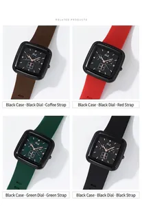 Vier Farben quadratischer Quarzuhren mit Silikonarmband in Schwarz, Rot, Kaffee und Grün