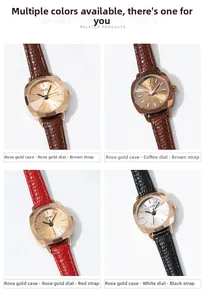 Montres quartz carrées pour femme avec bracelets en cuir et boîtiers or rose