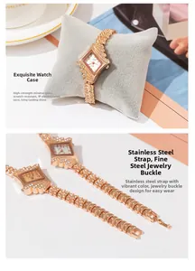 Macro detail of luxury rose gold watch with rhinestone bezel and leaf-shaped metal strap