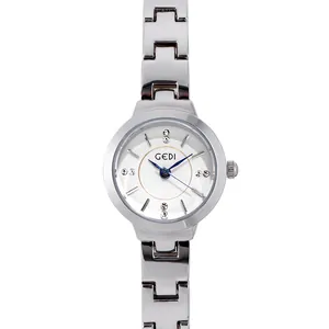 Elegant silver stainless steel ladies quartz watch with crystal indices and white dial