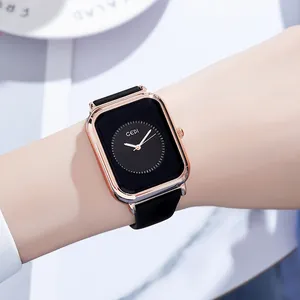 Elegant rose gold square quartz watch with black dial and leather strap for women