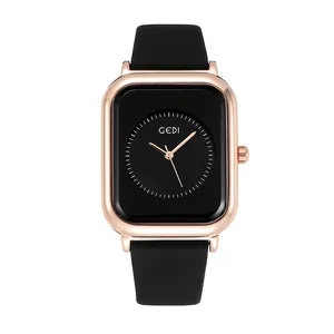 Minimalist square quartz watch with rose gold case and black silicone strap by GEDI