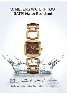 Détail de la montre or rose avec cadran carré marron et effet d'étanchéité 3ATM