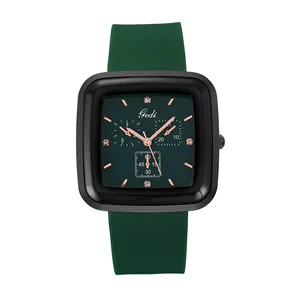 Minimalistische quadratische Quarzuhr mit grünem Zifferblatt und Silikonarmband Damen