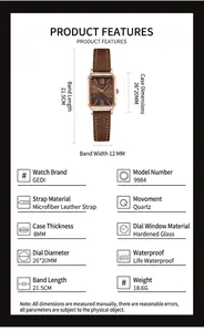 Spécifications détaillées de la montre à quartz rectangulaire avec bracelet en cuir brun