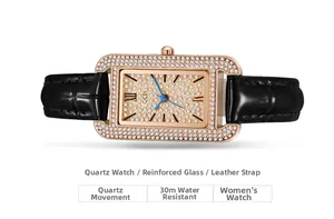 Detail of rose gold rectangular watch with crystals, black leather strap and 30m waterproof