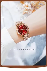 Détail du cadran rouge rayons de soleil avec lunette facettée et bracelet en or rose