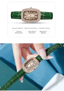 Close-up of GEDI women watch featuring a green leather strap and diamond-set bezel