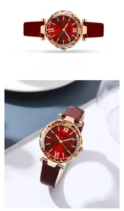 Detail of red leather watch with gold case and faceted crystal bezel by Gedi