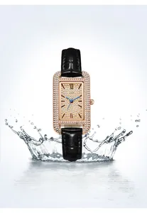 Detail of square quartz watch with crystal bezel and splash water resistance