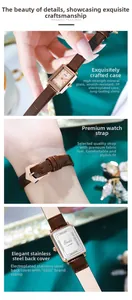 Detail der quadratischen Vintage-Damenuhr mit braunem Lederarmband und Mineralglasgehäuse