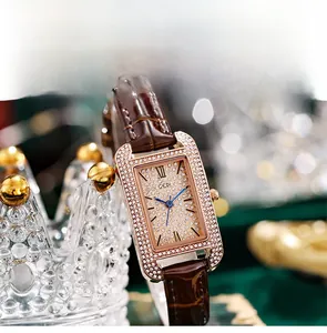 Detail view of GEDI square watch featuring crystal-set dial and mineral glass surface