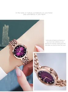 Dettaglio dell'orologio in maglia oro rosa con quadrante viola e indici in cristallo